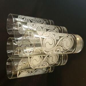 SET of 6 Irish Mist Retro Glasses Etched white Paisley design Italy 5.5"h